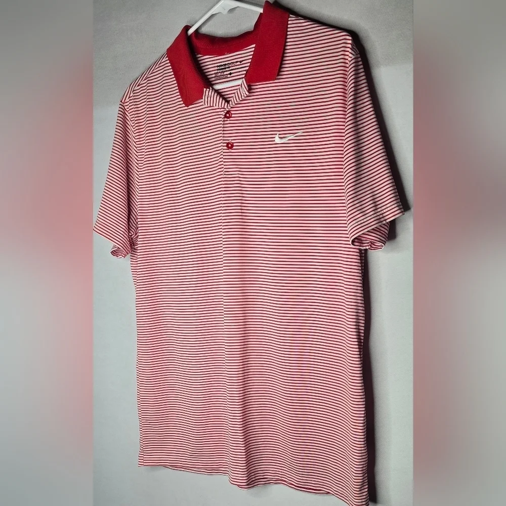 Mens Red and White Stripe Nike Dri-Fit Polo Style Shirt Size Large
